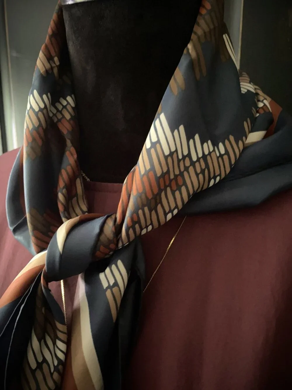 Vintage Square Scarf - Navy Rust Brown Cream Geometric Print - Silky Satin Look